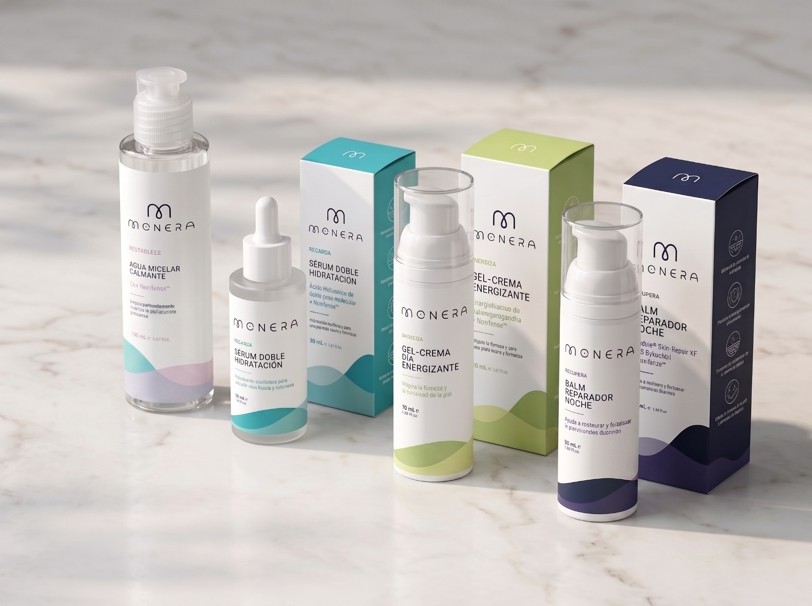 Los cuatro productos de la rutina Monera: agua micelar, sérum, gel-crema de día y balm de noche